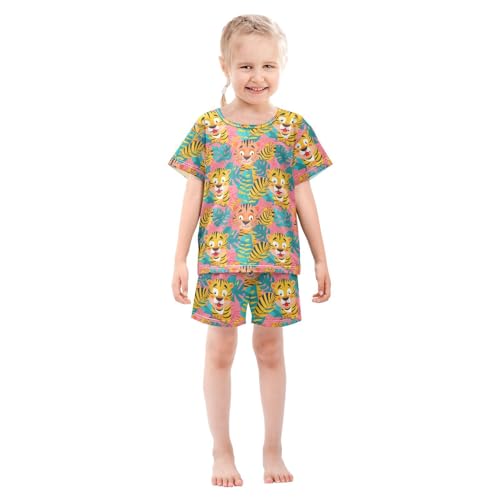 ALAZA Tiger Palm Leaf Pajamas Short Sleeve 2 Piece Sleepwear Top and Bottom Pajama Set Unisex3