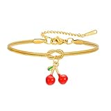 Dreamtimes Pulsera Infinity Knot de acero inoxidable con cerezas para mujer. Regalo de amor eterno y buena suerte. Pulsera ajustable con bonitas frutas de verano para llevar a diario (Oro)