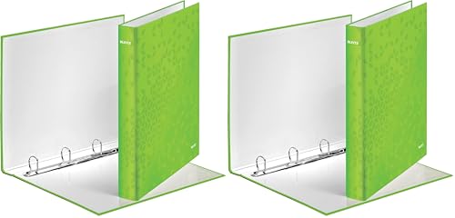 Image of Leitz A4 4 Ring Binder, Holds up to 230 Sheets, Wow Range, 25 mm Spine, Green, 42420054 (Pack of 2)