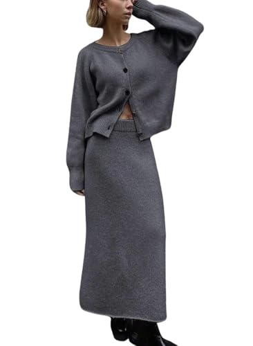 chouyatou Women's 2 Piece Knitwear Outfits Button Up Cardigan Maxi