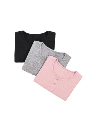 Image of OYOANGLE Girl's 3 Packs Button Front Crew Neck Long Sleeve T-Shirt Ribbed Knit Basic Tee Tops