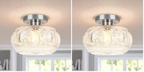 Image of Brushed Nickel Semi Flush Mount Ceiling Light, Glass Shade Modern Ceiling Light Fixture, Lighting for Hallway Bedroom Entryway Kitchen Porch (Pack of 2)