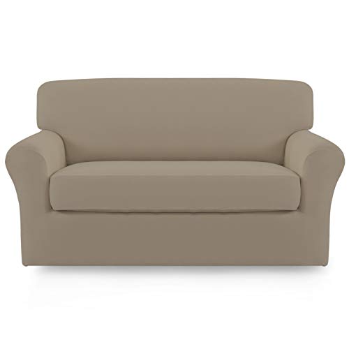Image of Easy-Going 2 Pieces Stretch Loveseat Couch Sofa Slipcover Washable | Spandex Soft Fitted Sofa Couch Cover for Sofa Furniture Protector with Bottom Kids,Pet Dog Natural