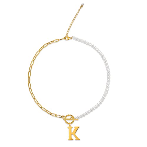 Collier de perles initiales en or pour femme Plaqué or 18 carats trombone chaîne lien collier de perles tour de cou lettre K colliers pour femme petite amie mode bijoux cadeaux par Auxamy Cover