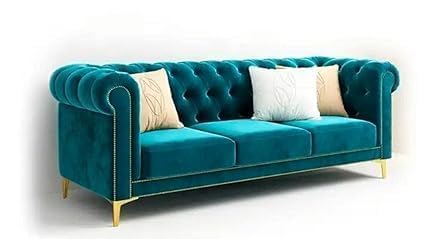 Image of Modern & Classic 4 Seater Standard Sofa Set Fabric & Velvet Tufted 3+1+ Puffy 4 Seater Sofa Chesterfield Sofa for Living Room, Dining Room, Office and Hallway-(Teal Green).