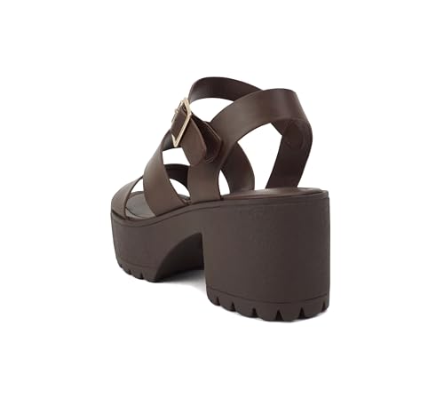 Image of Soda ACCOUNT ~ Women Open Toe Two Bands Lug sole Fashion Block Heel Sandals with Adjustable Ankle Strap