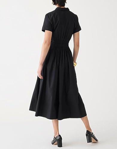 Image of Ladyful Women Casual Button Down Short Sleeve Shirt Dress Tie Waist Midi Shirt Dress Elegant Business Party