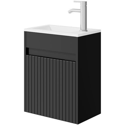eclife 16" Small Bathroom Vanity Sink Combo, Modern Painted Wall Mounted Floating Cabinet W/Decoration Lines, Resin Basin Sink Top, Chrome Water Save Faucet & Pop Up Drain (Piano Black)