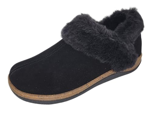 Clarks Womens Slipper Suede Leather Ankle Bootie - Plush Faux Fur Lined Cork Midsole - Closed Back Indoor Outdoor House Slippers For Women (Black 7)