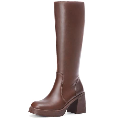 Image of Choiran Knee High Boots for Women - Platform Chunky Square Toe Tall Boots with Block Heeled Side Zipper, Fashion Long Gogo Boots for Spring Fall