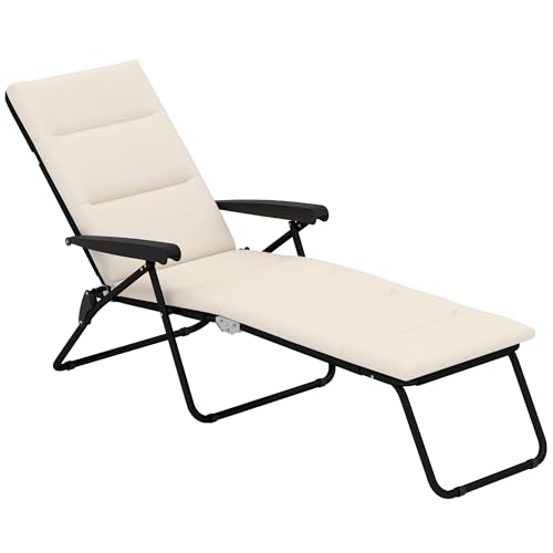 Outsunny Bain de Soleil Pliable transat inclinable 6 Positions Grand Confort avec Matelas + accoudoirs Acier Polyester crème