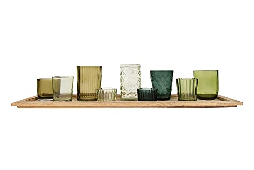 Image of Creative Co-Op Wood Tray with 9 Green Glass Votive Holders
