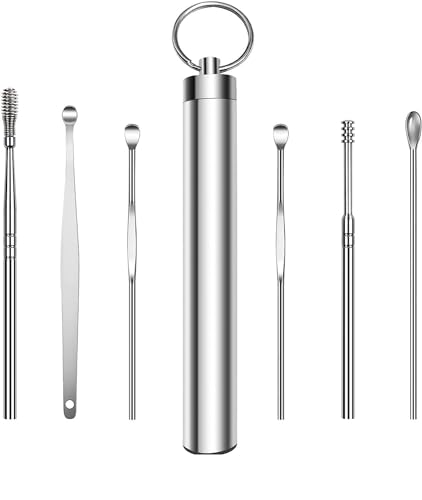 Image of 6 in 1 Ear Wax Cleaner Kedar's Resuable Ear Wax Cleaner Reusable Removal Kit Steel Ear Cleansing Tool Set Spiral Ear Curette Tool with Cleaning Brush For Kids Man & Woman (STEEL) (SILVER)