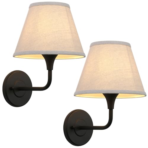Image of PERMO Black Wall Sconces Set of 2 Hardwired Fabric Sconce with White Lampshade Set of Two Wall Light for Living Room Bedroom Hallway Bathroom Stairs Kitchen