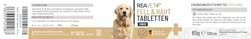 ReaVET Fell & Haut Tabletten Hunde 120 Stück - sekundierend bei Fellproblemen, Dermatose & Haarausfall Hund, Fell Tabletten für Hunde, Unterstützung der Hautfunktion