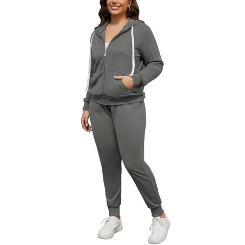 PINSV Women Plus Size 2 Piece Outfits Sweatsuits Full Zip Hooded Sweatshirt Sweatpants Tracksuits2