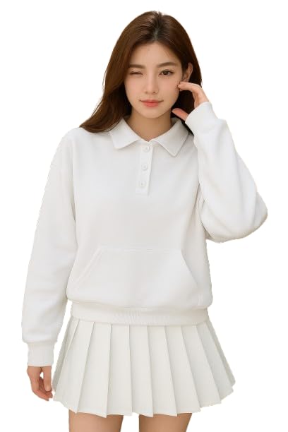 Classic White Polo Sweatshirt with Front Pocket, Casual Long Sleeve Pullover, Pleated Tennis Style-picture-50