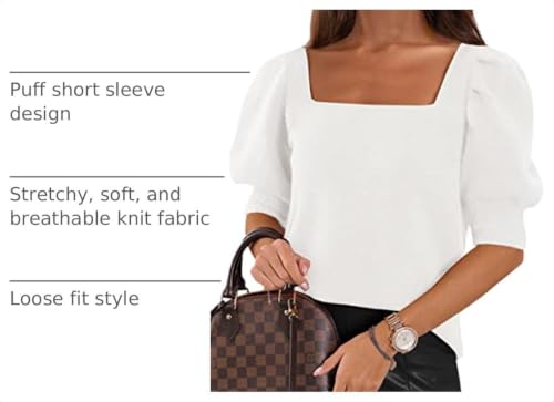 Image of Womens Puff Short Sleeve Sweater Tops Square Neck Casual Knit Pullover