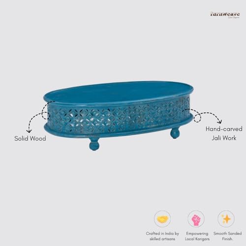 Image of Wooden Coffee Table for Living Room | Kara Solid Wood Handcrafted Center Table for Living Room | Oval Tea Table for Living Room | Wooden Furniture for Home (Blue Antique)