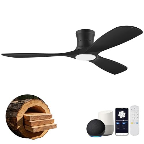 Image of 52 inch Smart Low Profile Ceiling Fans with Light Remote,Flush Mount,Black,Wood