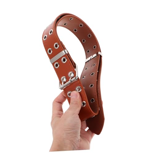 Didiseaon Double Grommet Punk Waist Belt with Chain Adjustable Wide PU Plus Belt for Jeans Edgy Fashion Statement Accessory Brown3
