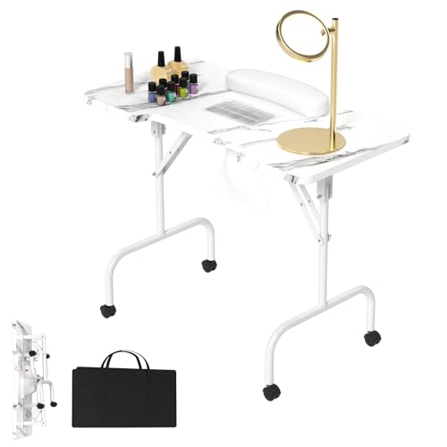 LARS360 Table de manucure avec aspiration, pliable, table de manucure, portable, avec roulettes, sac à poussière, sac de transport, grain blanc