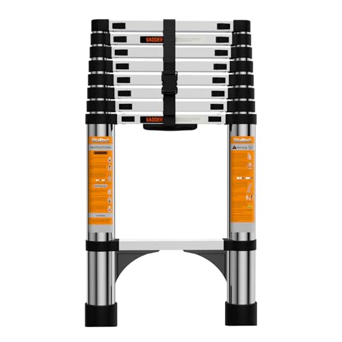 Telescoping Ladder, Stainless Steel Extension Ladder with 2 Triangle Stabilizers, Heavy Duty 330 lb Capacity Telescopic Ladder for Home, Roof, RV (12.5FT/3.8M)