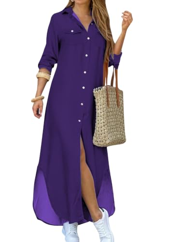 Image of YMING Women's Long Sleeve Button Down Shirt Dress Spring Casual Maxi Dresses Loose Fit Blouse Dress with Pockets