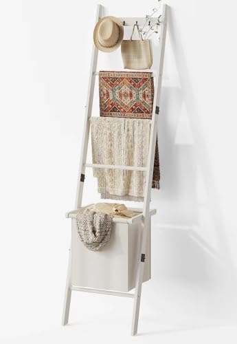 BAMBANG Deckenleiter mit Korb, 5-stufige Decken- und Steppdeckenhalterung Leiter Handtuchhalter mit 4 Haken für Wohnzimmer, dekorative Regalleiter mit Aufbewahrungshamper, Bambus Weiß