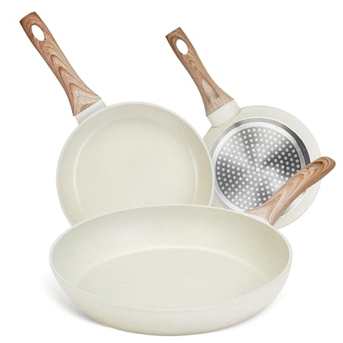 La mejor selección de Cazuelas de Teflon de esta semana. 42 HEEDU Juego de 3 Sartenes con Recubrimiento Antiadherente, Sartén Antiadherentes de Granito Blanco, Libre de PFOS y PFOA, Apto para todas las estufas (20 cm y 24 cm y 28 cm)