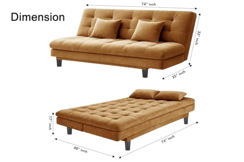 Image of Three Seater Velvet Sofa Cum Bed, Tufted Convertible Sleeper Couch, Space-Saving Design, Comfortable Cushioned Seating - Golden