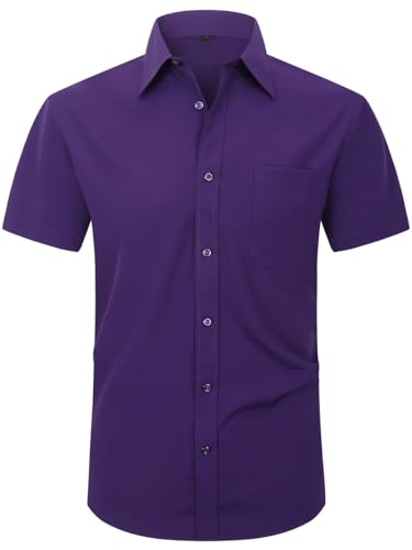 Lumilk Men Short Sleeve Dress Shirt Stretch Solid Casual Button Down Shirts with Pocket Regular Fit Purple S