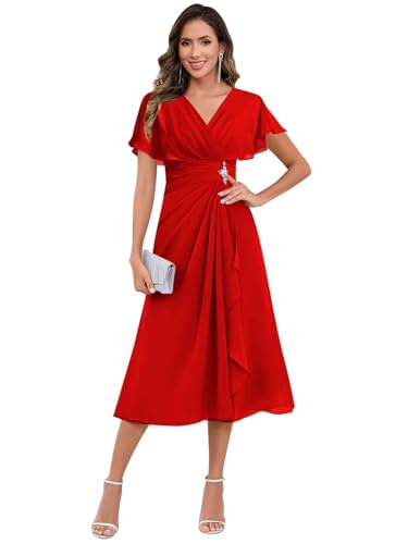 Tea Length Mother of The Bride Dresses for Wedding V-Neck Pleated Flutter Sleeves A-Line Formal Evening Dress