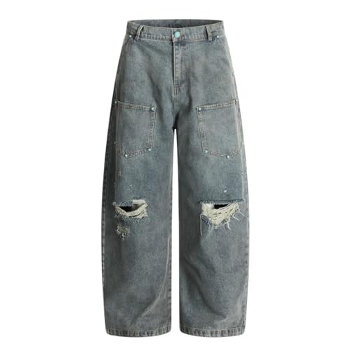 Men’s Ripped Jeans with Rivets, Retro High Street Washed Distressed, Loose Wide Leg Denim Pants