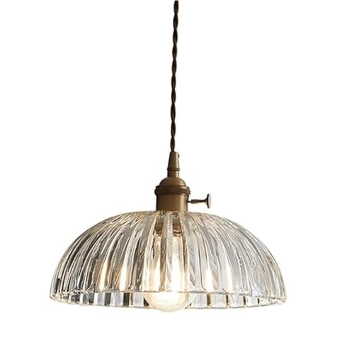 Suspension minimaliste laiton et verre strié, lustre d'exception E27