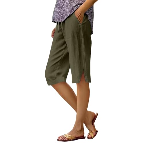 Long Shorts for Women Trendy Cotton Linen Drawstring Split Wide Leg Capri Pants Workout Casual Knee Length Dressy Shorts with Pockets Comfy Short Loose Fit Summer Beach Hiking Pants