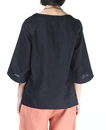 Minibee Women's Linen Blouse Round Neck 3/4 Sleeve Shirt Tops with Chinese Frog Button3