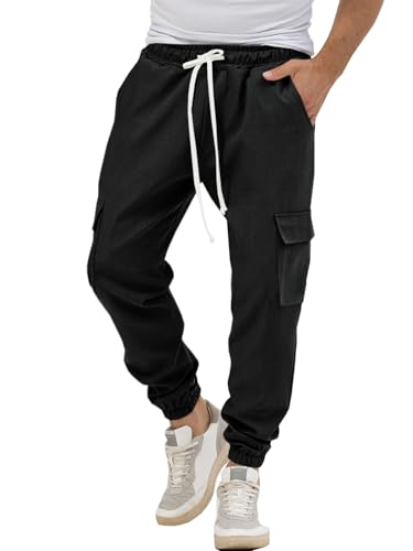 Runcati Mens Cargo Joggers Pants Casual Drawstring Waist Trousers Tapered Lightweight Pants with Pockets