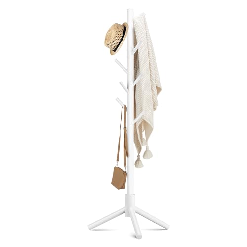 Haddockway Wooden Coat Rack Stand with 8 Hooks New Zealand Pine 3 Adjustable Coat Standing Tree Easy Assembly for Coats Hats Scarves and Handbags for Entryway Hallway Bedroom Office white