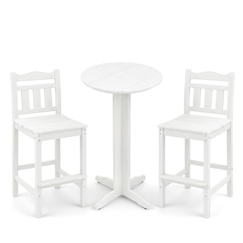 Image of 3-Piece Outdoor Bar Set, HDPE Adirondack Bar Height Chairs Set of 2 and Round Bar Table, All Weather Patio Bistro Set for Balcony, Poolside, Backyard (White)