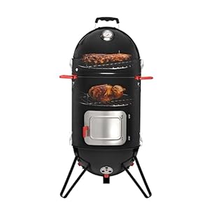 CUE WAY K-1 Vertical Charcoal Smoker Combo with Fish Hooks, 14-inch, Black(include cover)
