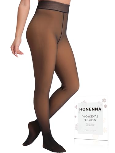HONENNA 5 Skin Colors Fake Translucent Fleece Lined Tights, Winter Thermal Pantyhose for Women under Dress, medias térmicas, Honey L-XL