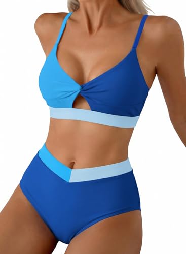 Herseas Swimsuit for Women Color Block V Waist Bikini Sets Adjustable Thin Staples Twist Two Piece Bating Suit Summer Cruise Beach Vacation Essentials Sky Blue X-Large