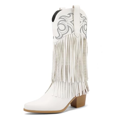 MRKEWUNEY Fringe Cowboy Boots for Women Knee High Western Boots Pointy Toe Block Heel Tassel Cowgirls Boots