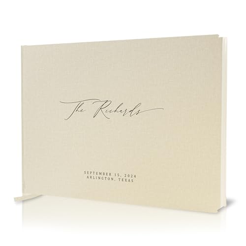 MUUJEE Personalized Guestbook in Cream - Premium Custom Modern Guest Book for Wedding Reception, Birthday Party or Events w/Bookmark Blank Pages for Signing, Extra Large 11.5 x 8.5 inches