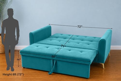 Image of Adorn India Premium Mystic - 3 Years Warranty - 3 Seater Sofa Cum Bed Velvet Suede Fabric - Aqua Blue