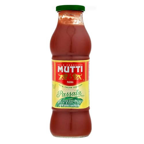 Mutti — 24.5 oz. Tomato Puree with Fresh Basil (Passata con Basilico) from Italy’s #1 Tomato Brand. Sweet and velvety for recipes calling for Pureed Tomatoes.