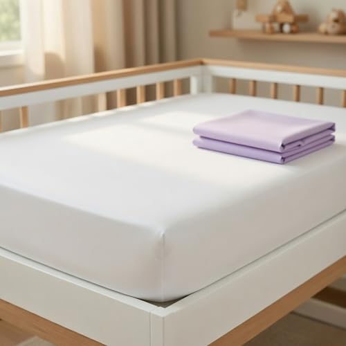 Image of Everyday Kids 2-Pack Fitted Crib Sheets, 100% Soft Breathable Microfiber Baby Sheet, Fits Standard Size Crib Mattress 28in x 52in, White Nursery Sheet and Lavender Nursery Sheet