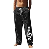 Mens Casual Pants Music Notes Treble Clef Graphic Pants Plus Size Beach Vacation Slacks Summer Elastic Waist Trousers (Black, L)