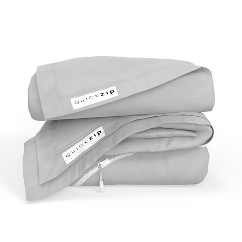 Image of QuickZip Fitted Plus Spare Bundle: 1 Fitted Sheet (Base + Zip Sheet) & 1 Zip Sheet - Easy to Change, Won't Pop Off - Soft Percale 400 TC 100% Cotton - 15 inch Deep Pockets RV King Size - Misty Gray